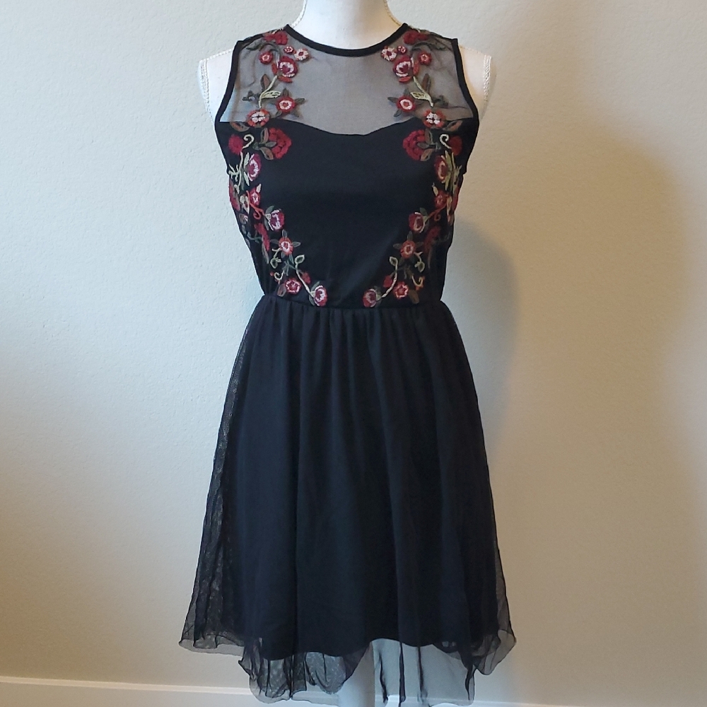 (3 For $20) Xhilaration Black Dress with Red Floral Embroidery